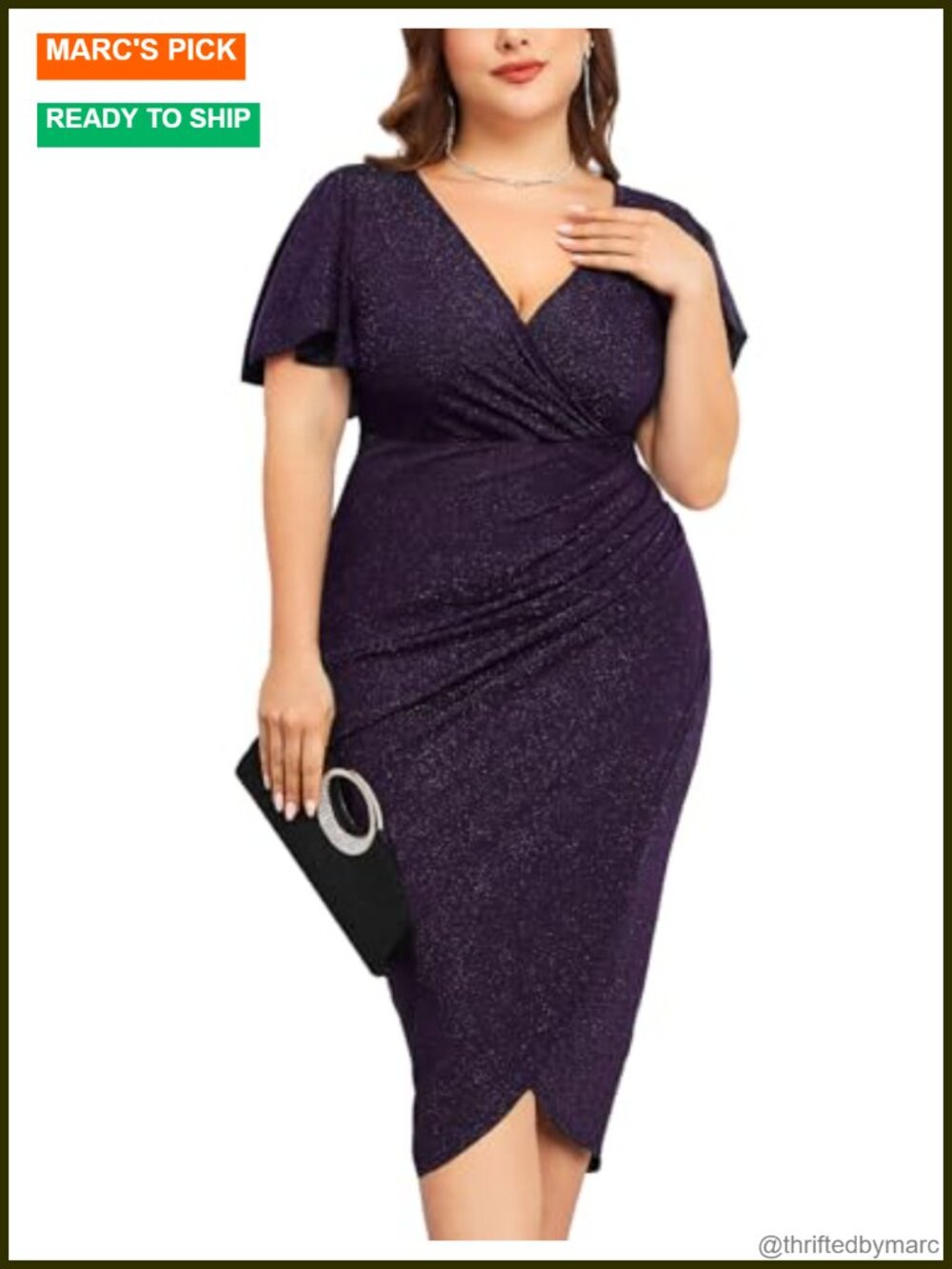 Plus Size Sequined Ruched Midi Dress Metallic Glitter Bodycon Wrap V Neck
